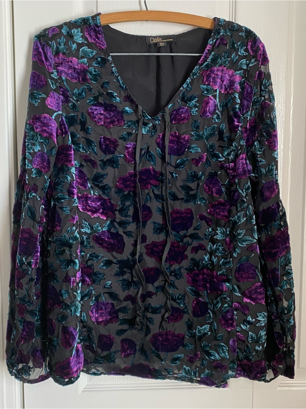 Vintage Dalia Black Burnout Purple Velvet Floral Blouse Small Whimsigoth Y2K